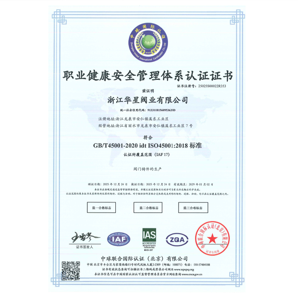 Occupational Health and Safety Management System Certification Certificate